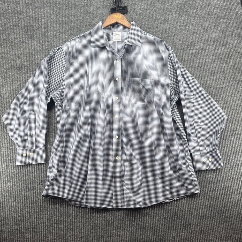 Brooks Brothers Shirt Mens 17.5 2/3 Navy Gingham Regent Fit Non-Iron Cotton EXCL